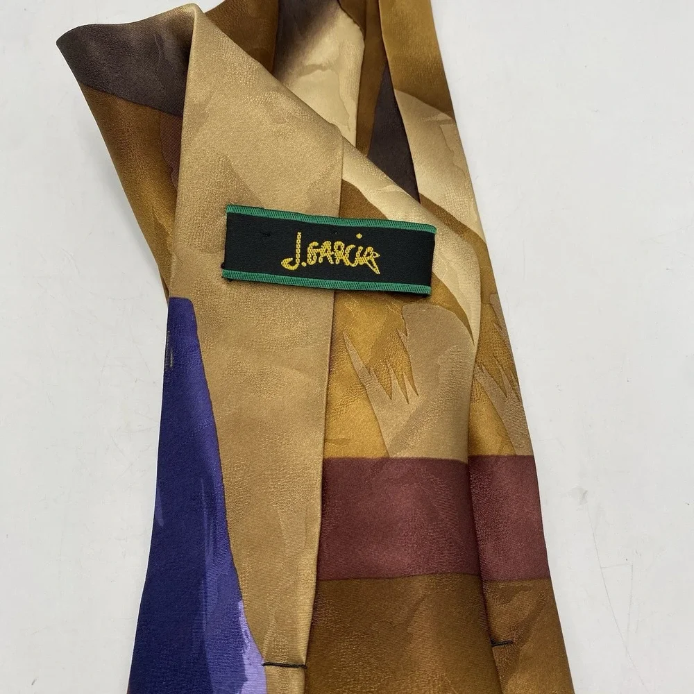 2003 J Garcia‎ Mens Satin 100% Silk Alligator Works Neck Tie Brown Red Gold